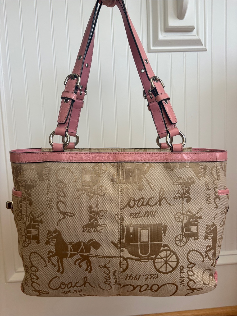 Coach Horse & Carriage Pleated Gallery Tote Pink Leather Khaki Y2K Shoulder Bag - Picture 4 of 17